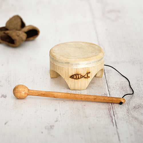 Jati Small Wooden Drum with Fish Design