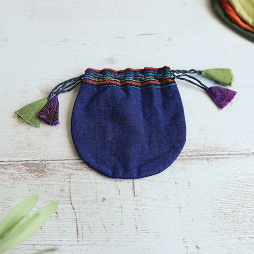 Navy blue cotton drawstring coin pouch in dark solid colour