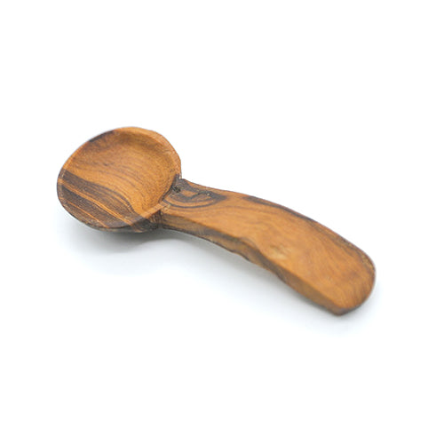 Top view of a small scoop-style Nyeri olive wood spice spoon