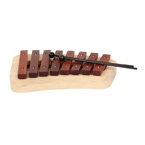 Side view of wooden xylophone with rosewood and pine frame