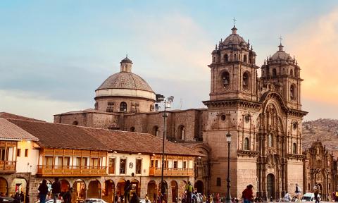 South American City Buildings with Cloudy Sky, Morning Light, and Metropolis Dome Facade