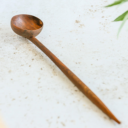 Large walnut wood serving spoon with long handle