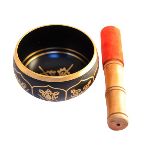 Black Singing Bowl with Symbols and Beater