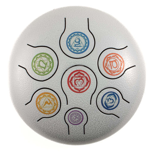 Chakra-themed handpan drum with intricate design