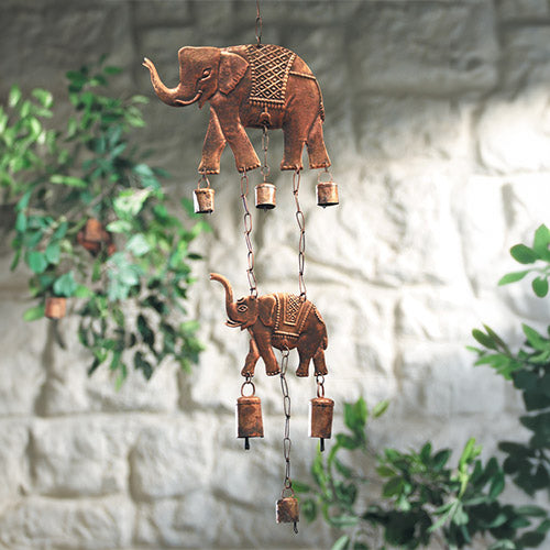 Metal Indian wind chimes with two elephants and bells.