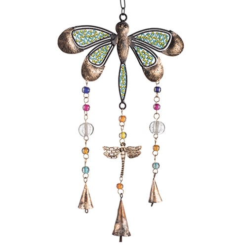 Dragonfly-themed Indian wind chime with colorful beads.