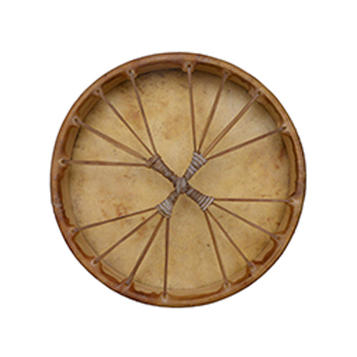 Backside view of a Pakistani Khenji wooden shamanic drum with cowhide