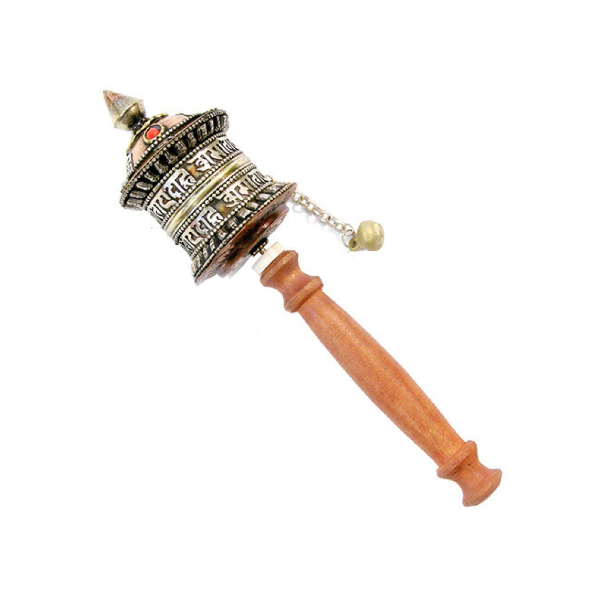 Metal prayer wheel with solid wood handle