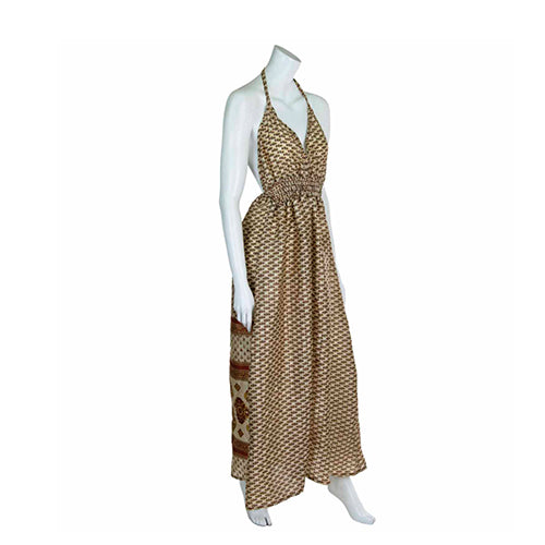 Side Halter Neck Sari Sleeveless Maxi Dress Pattern Beige Mannequin 