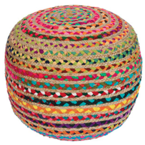 Multi Chindi & Jute Pouffe - Carved Culture