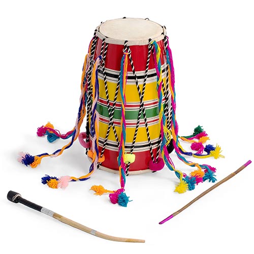 Colourful traditional bhangra dhol with beaters.